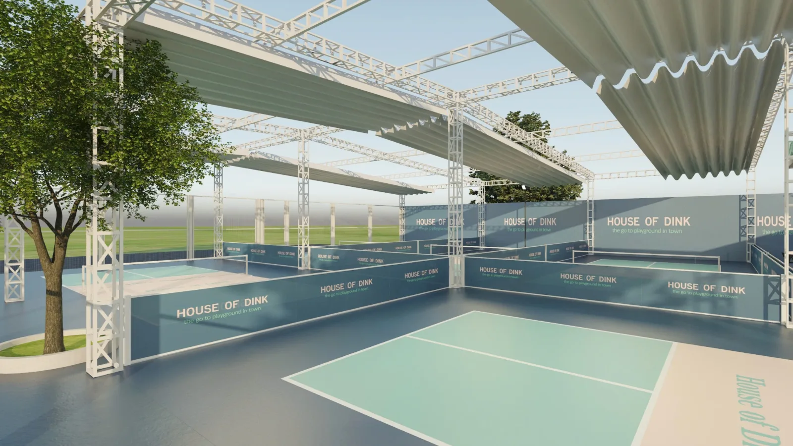 Phối cảnh 3D cụm sân pickleball có mái